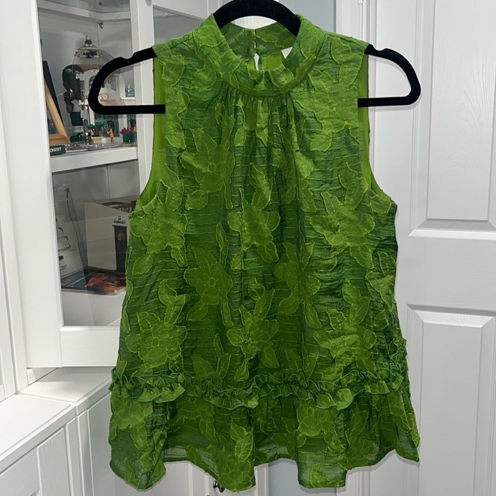 ANTHROPOLOGIE (Maeve) Savannah Peplum Textured Floral Blouse, Green, Size 4 - Picture 3 of 11